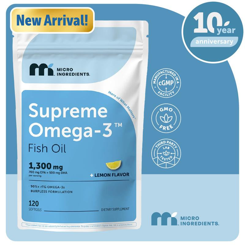 Micro Ingredients Supreme Omega-3 Fish Oil W/Ultra High EPA & DHA, Burpless Softgels | Rtg Omega-3 with Vitamin D3 | Wild-Caught Cold Deep-Sea Water | Lemon Flavor, Easy to Swallow