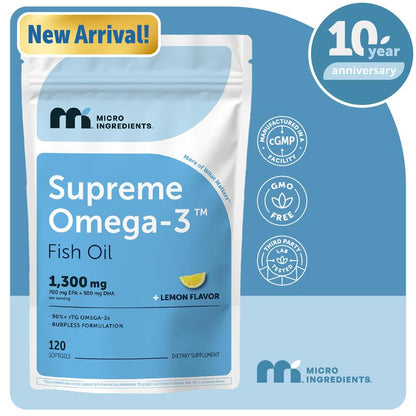 Micro Ingredients Supreme Omega-3 Fish Oil W/Ultra High EPA & DHA, Burpless Softgels | Rtg Omega-3 with Vitamin D3 | Wild-Caught Cold Deep-Sea Water | Lemon Flavor, Easy to Swallow